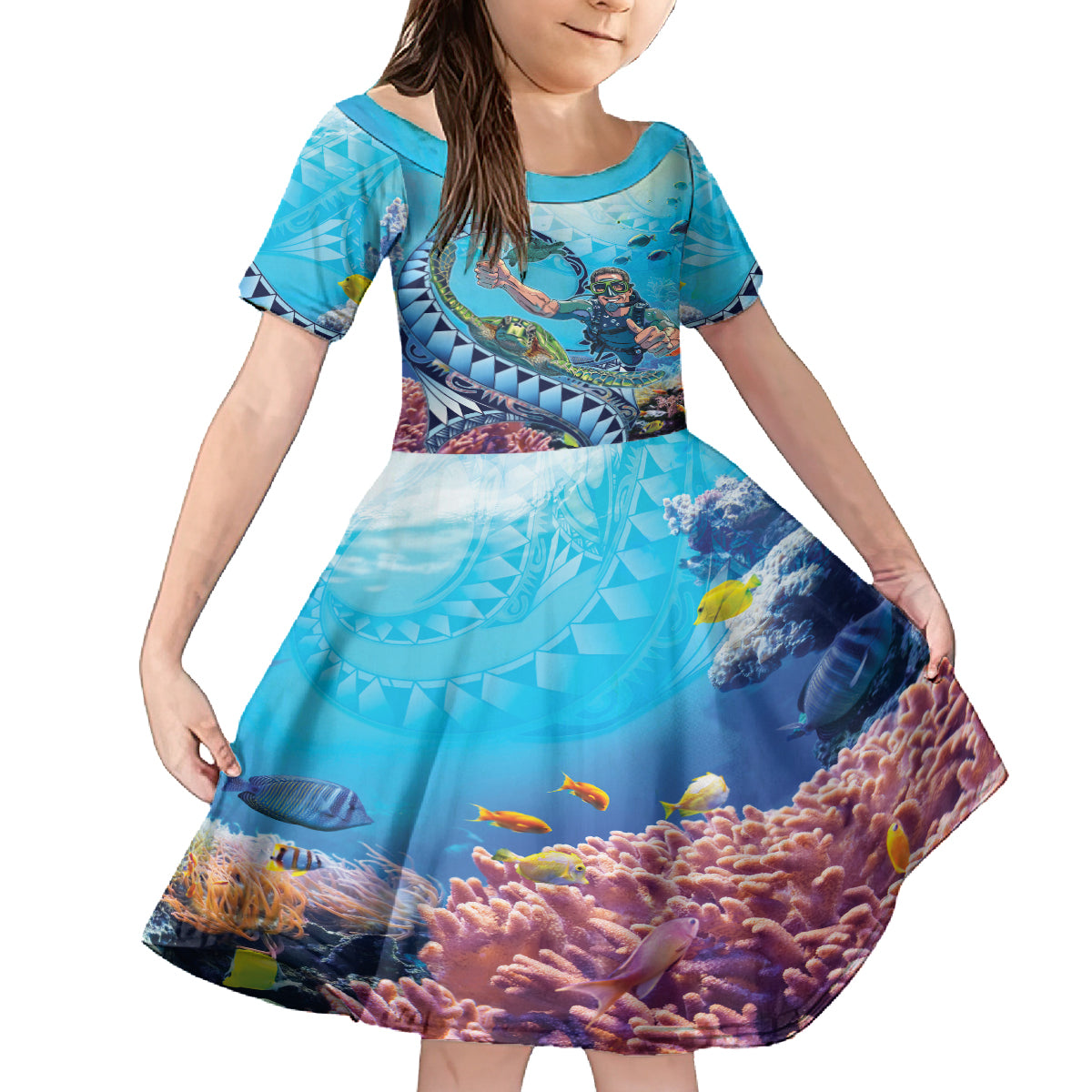 Hawaii Snorkeling Honu Turtle Kid Short Sleeve Dress Under The Ocean Vibes LT14 KID Blue - Polynesian Pride