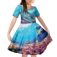 Hawaii Snorkeling Honu Turtle Kid Short Sleeve Dress Under The Ocean Vibes LT14 KID Blue - Polynesian Pride