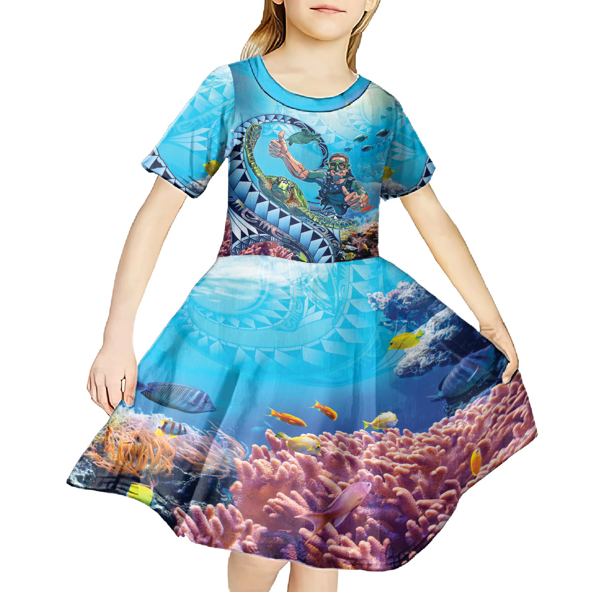 Hawaii Snorkeling Honu Turtle Kid Short Sleeve Dress Under The Ocean Vibes LT14 - Polynesian Pride