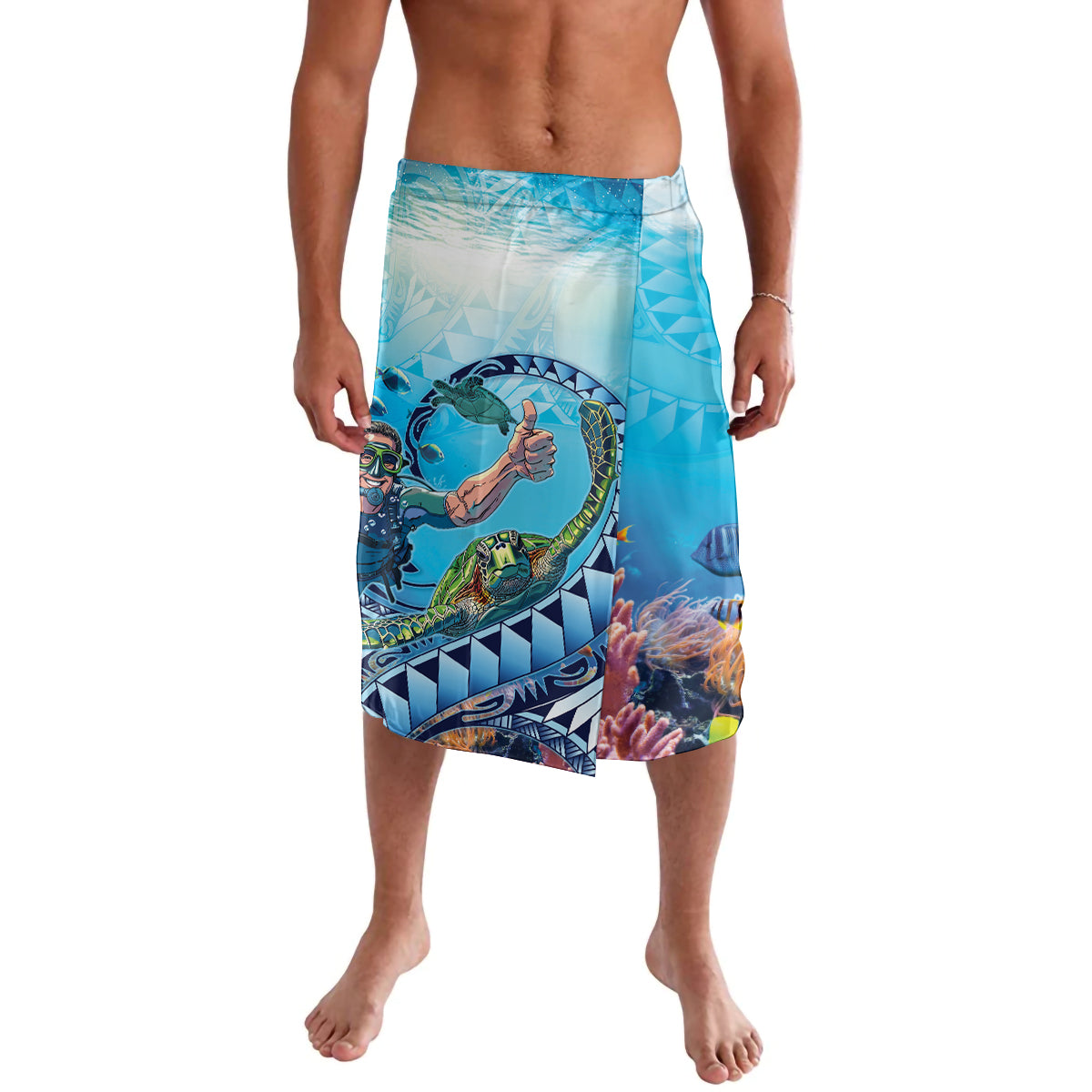 Hawaii Snorkeling Honu Turtle Lavalava Under The Ocean Vibes LT14 Blue - Polynesian Pride