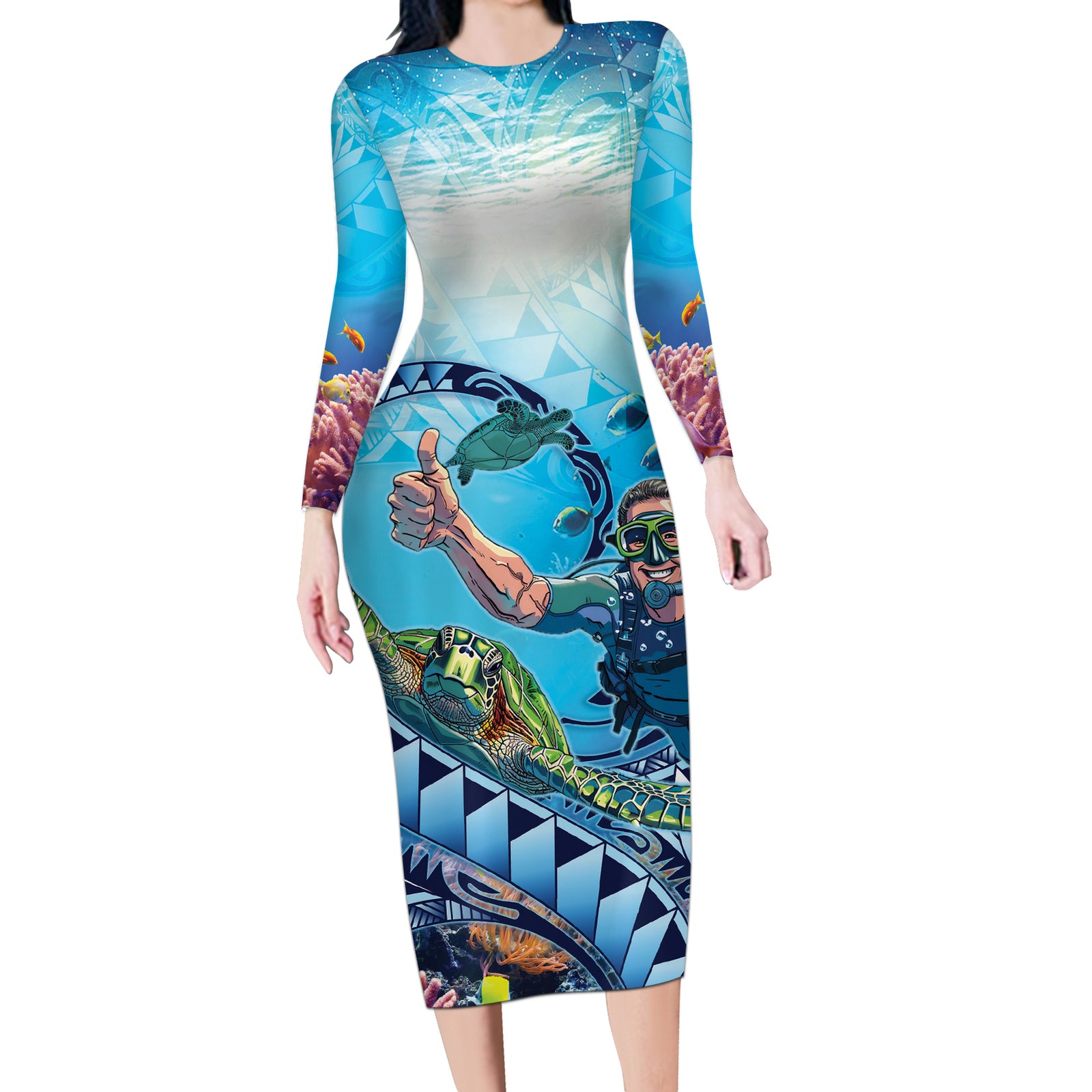 Hawaii Snorkeling Honu Turtle Long Sleeve Bodycon Dress Under The Ocean Vibes