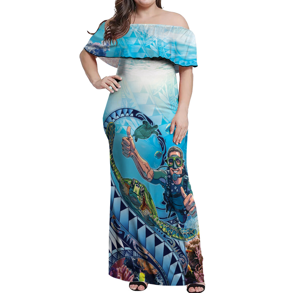 Hawaii Snorkeling Honu Turtle Off Shoulder Maxi Dress Under The Ocean Vibes LT14 Women Blue - Polynesian Pride