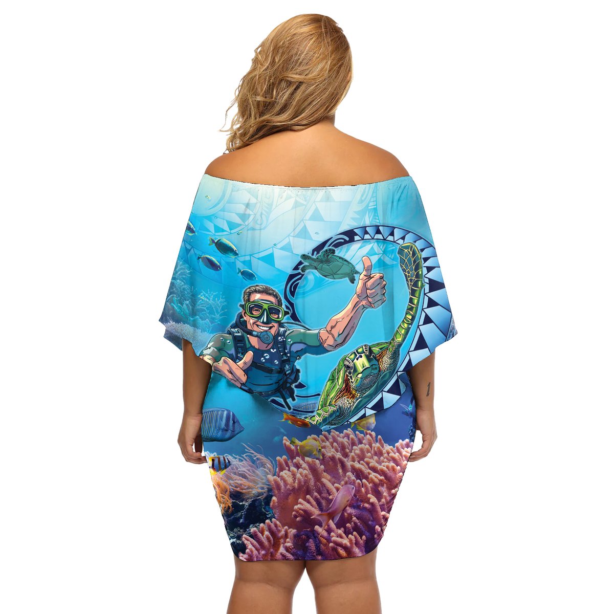 Hawaii Snorkeling Honu Turtle Off Shoulder Short Dress Under The Ocean Vibes LT14 - Polynesian Pride