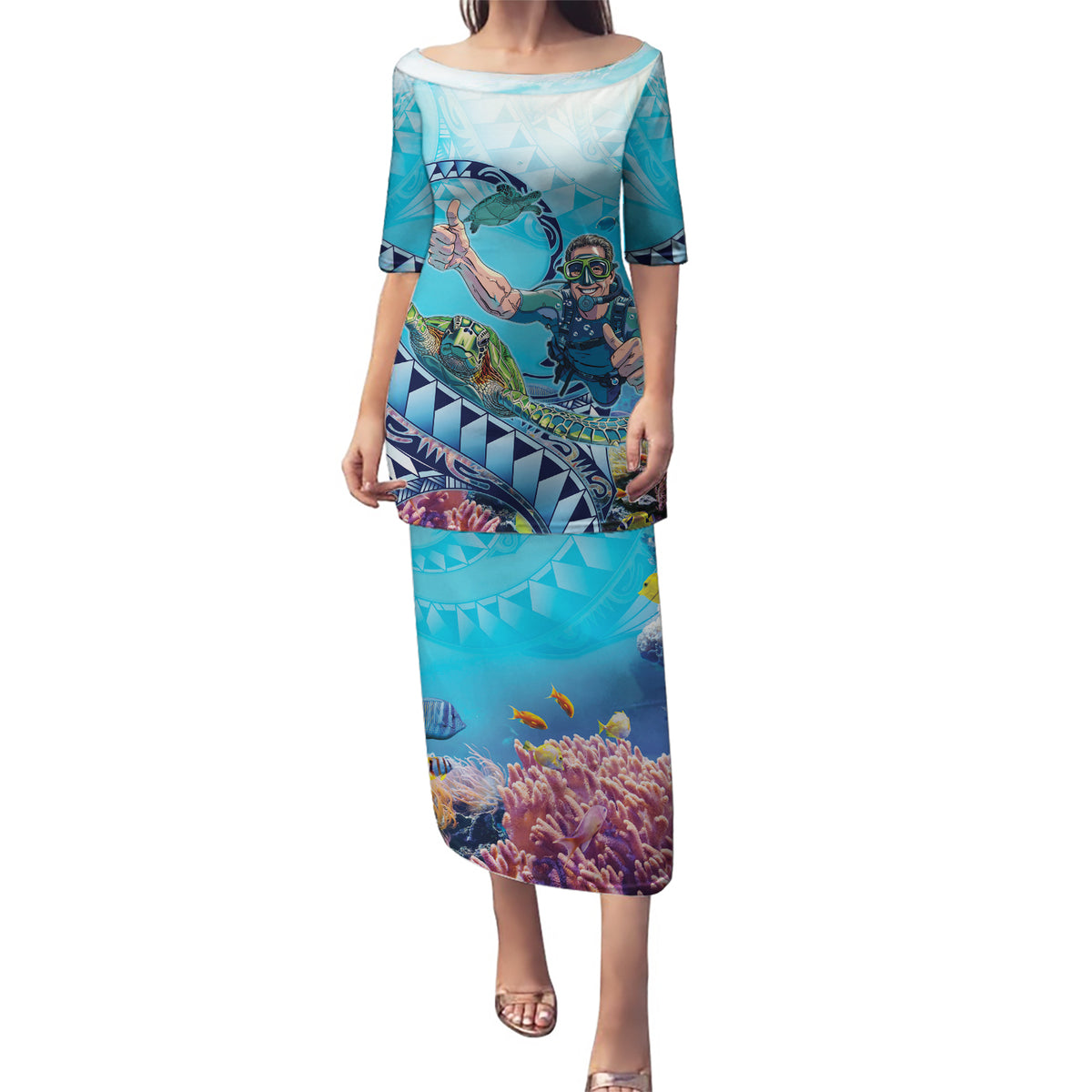 Hawaii Snorkeling Honu Turtle Puletasi Under The Ocean Vibes LT14 Long Dress Blue - Polynesian Pride