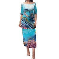 Hawaii Snorkeling Honu Turtle Puletasi Under The Ocean Vibes LT14 Long Dress Blue - Polynesian Pride