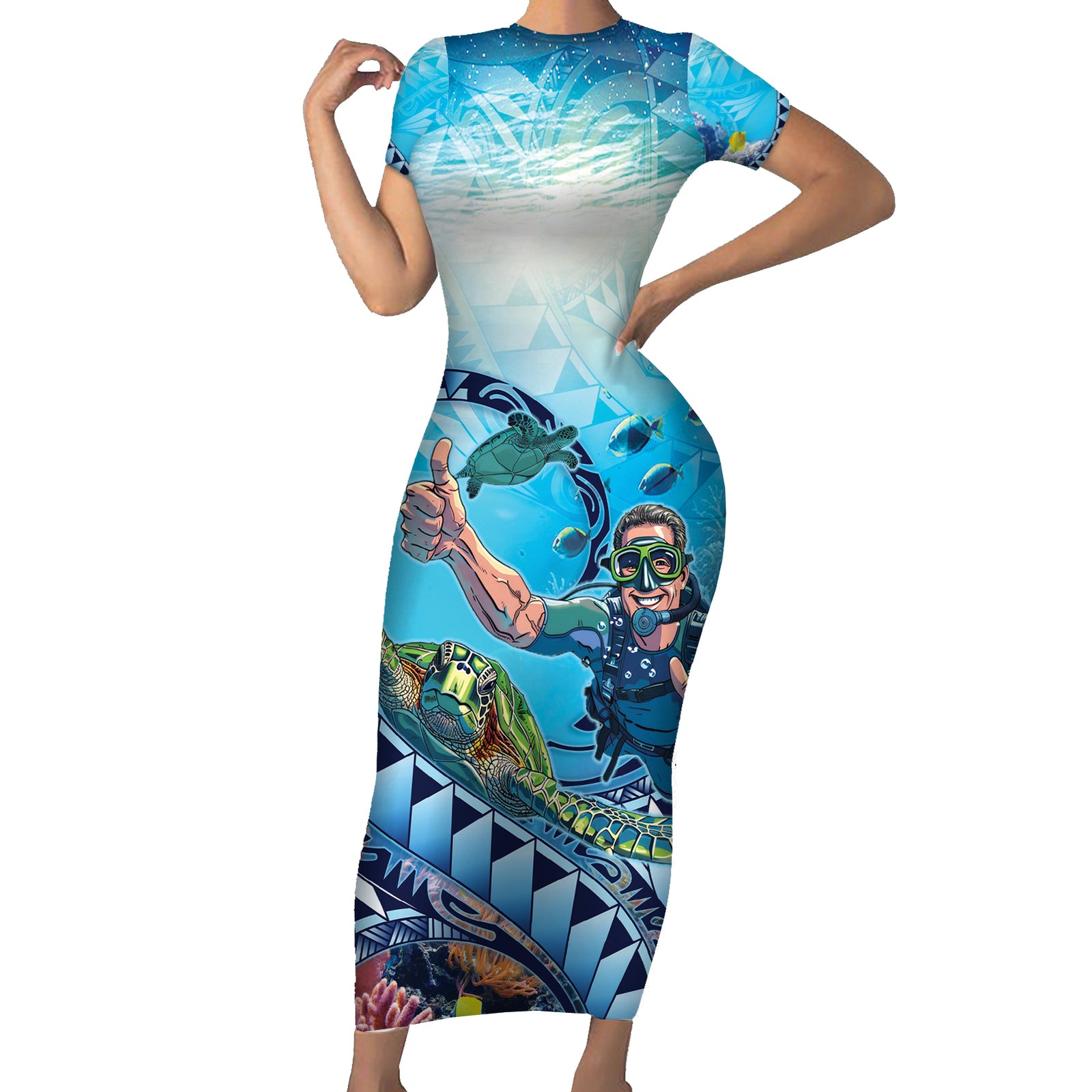Hawaii Snorkeling Honu Turtle Short Sleeve Bodycon Dress Under The Ocean Vibes