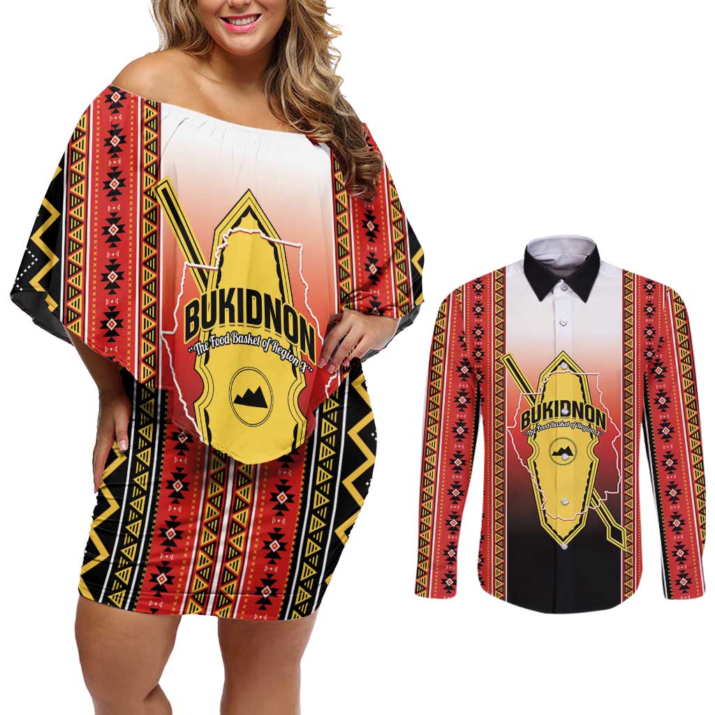 Personalised Bukidnon Philippines Couples Matching Off Shoulder Short Dress and Long Sleeve Button Shirt The Food Basket of Region X