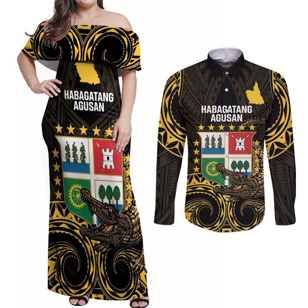 Agusan del Sur Philippines Couples Matching Off Shoulder Maxi Dress and Long Sleeve Button Shirt Habagatang Agusan Lolong