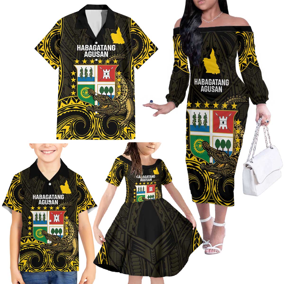 Agusan del Sur Philippines Family Matching Off The Shoulder Long Sleeve Dress and Hawaiian Shirt Habagatang Agusan Lolong