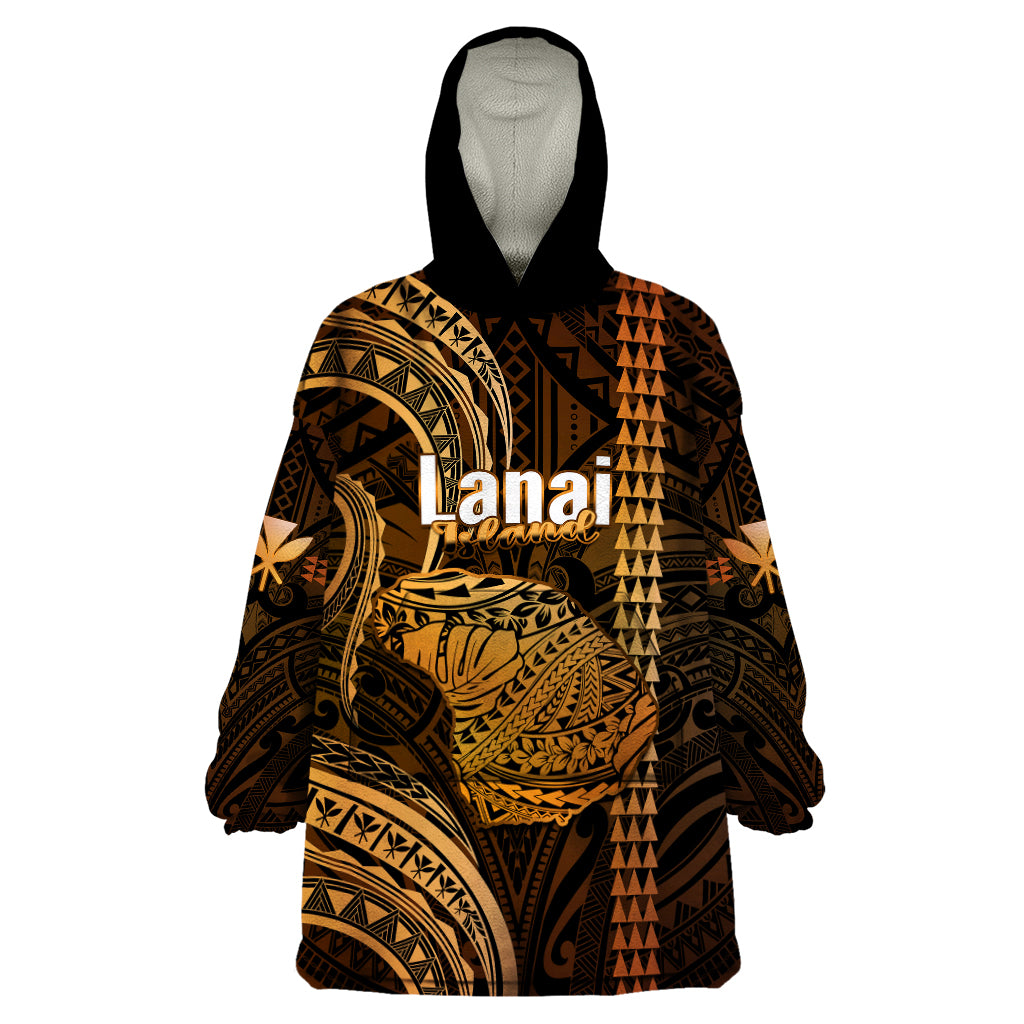 Personalised Hawaiian Islands Wearable Blanket Hoodie Lani Map Gold Kanaka With Kakau LT14 One Size Gold - Polynesian Pride