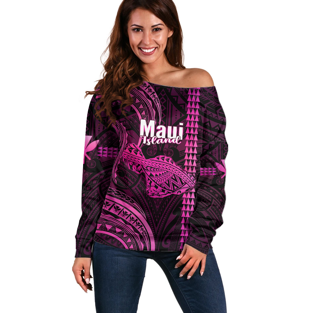 Polynesian Pride Hawaiian Islands Off Shoulder Sweater Maui Map Pink Kanaka With Kakau LT14 Women Pink - Polynesian Pride