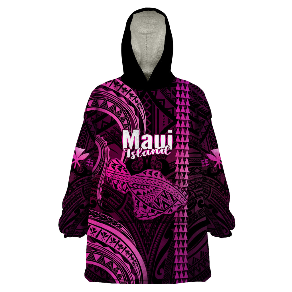 Polynesian Pride Hawaiian Islands Wearable Blanket Hoodie Maui Map Pink Kanaka With Kakau LT14 One Size Pink - Polynesian Pride