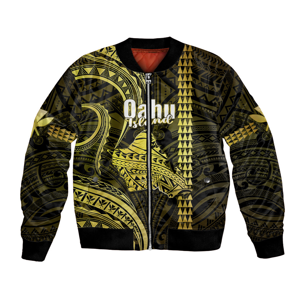 Polynesian Pride Hawaiian Islands Bomber Jacket Oahu Map Yellow Kanaka With Kakau LT14 Unisex Yellow - Polynesian Pride