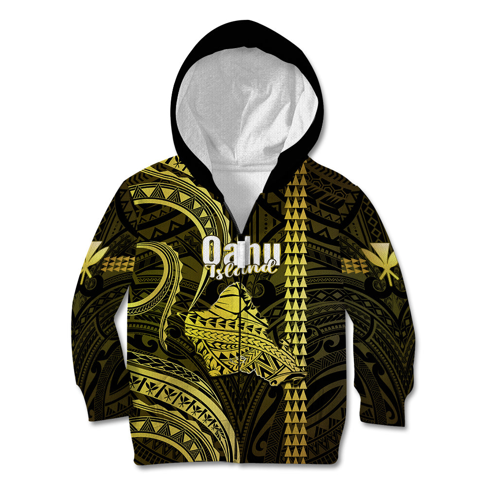 Polynesian Pride Hawaiian Islands Kid Hoodie Oahu Map Yellow Kanaka With Kakau LT14 Zip Hoodie Yellow - Polynesian Pride