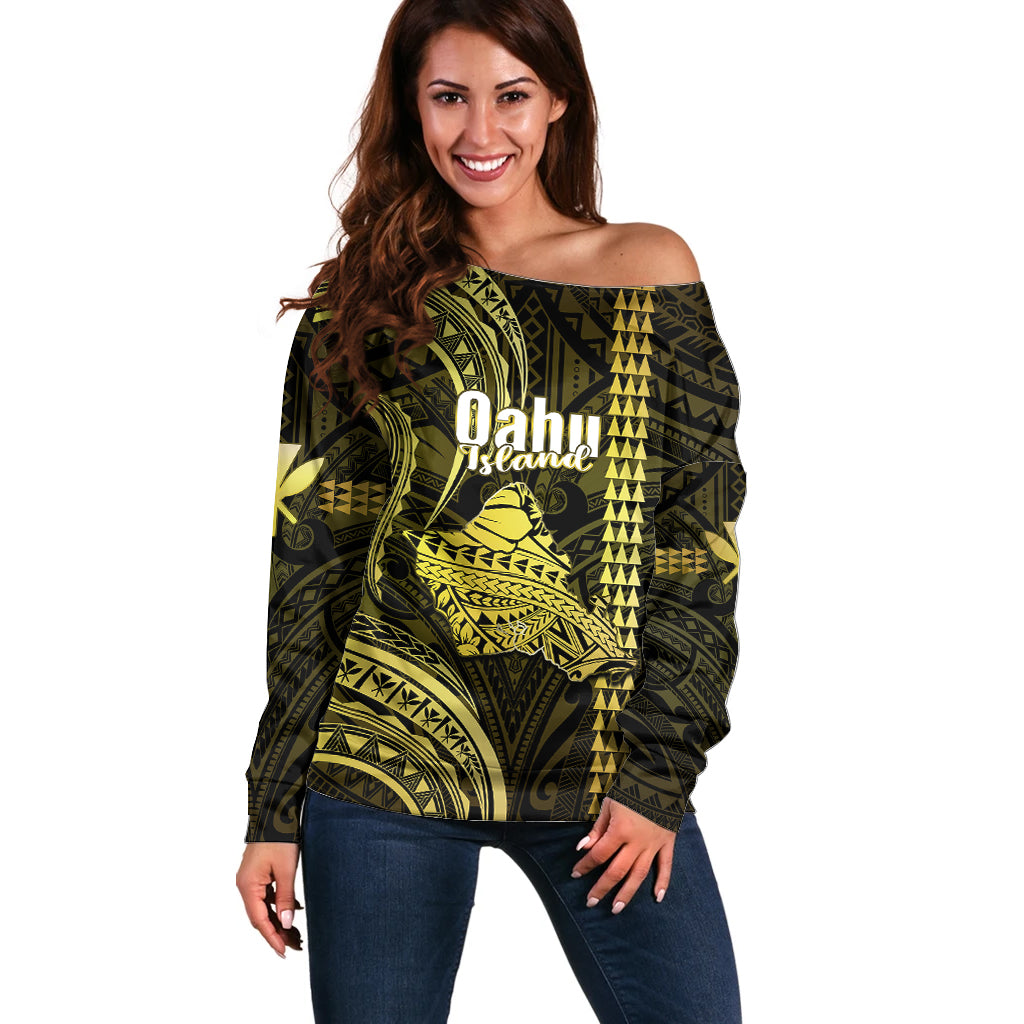 Polynesian Pride Hawaiian Islands Off Shoulder Sweater Oahu Map Yellow Kanaka With Kakau LT14 Women Yellow - Polynesian Pride