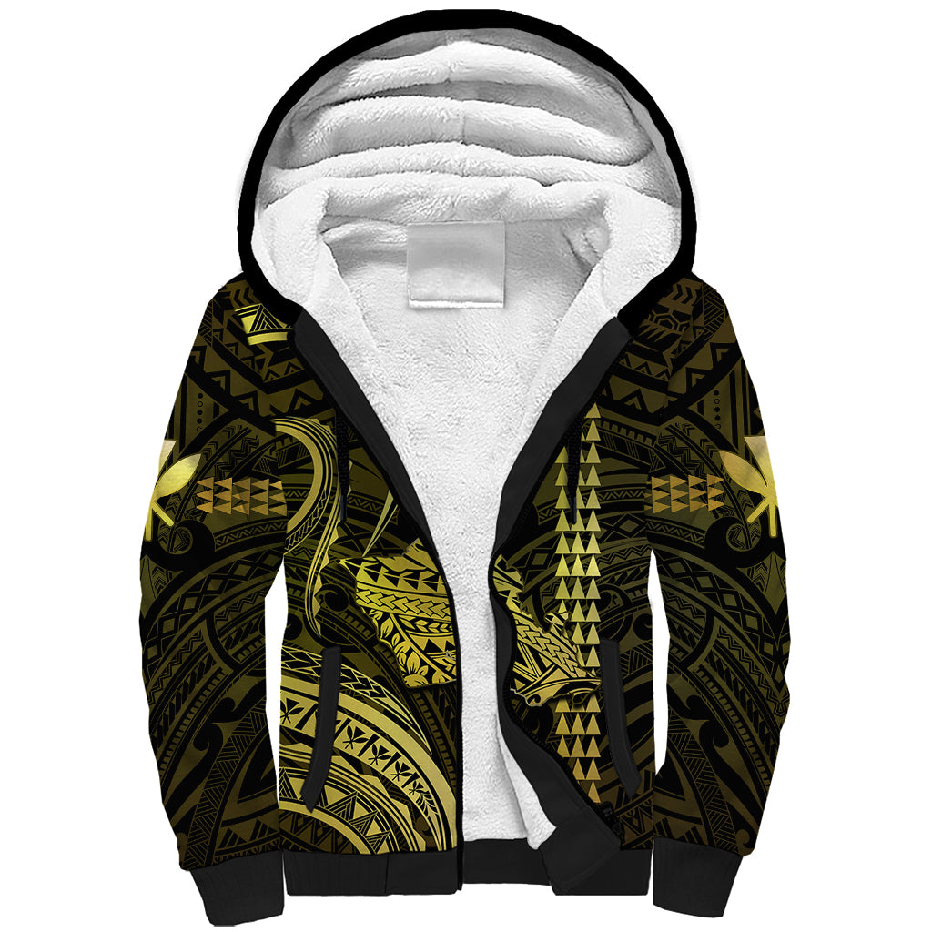Personalised Hawaiian Islands Sherpa Hoodie Oahu Map Yellow Kanaka With Kakau LT14 Unisex Yellow - Polynesian Pride