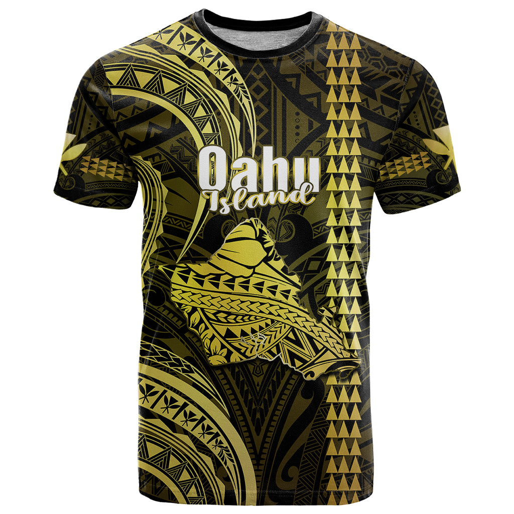 Custom Hawaiian Islands T Shirt Oahu Map Yellow Kanaka With Kakau LT14 Yellow - Polynesian Pride