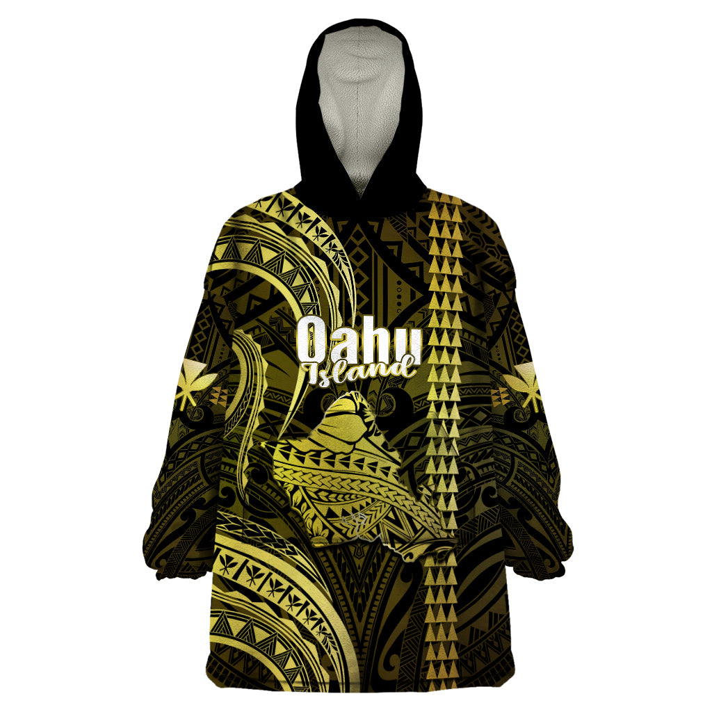 Personalised Hawaiian Islands Wearable Blanket Hoodie Oahu Map Yellow Kanaka With Kakau LT14 One Size Yellow - Polynesian Pride