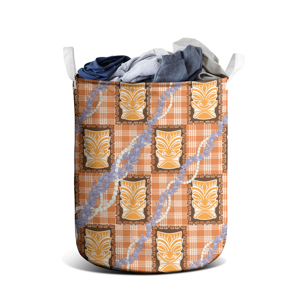 Aloha Hawaii Tiki Palaka Motifs Laundry Basket Honohono Lei Orange Elegant Vibes