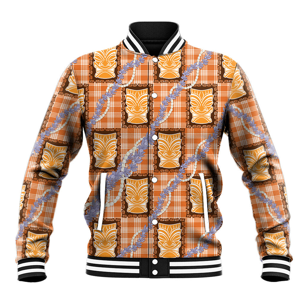 Aloha Hawaii Tiki Palaka Motifs Baseball Jacket Honohono Lei Orange Elegant Vibes LT14 Unisex Orange - Polynesian Pride