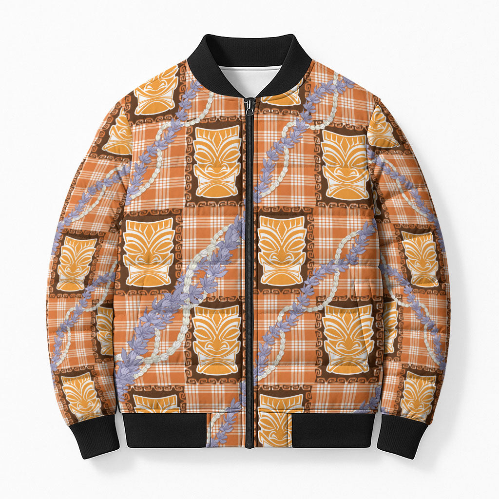 Aloha Hawaii Tiki Palaka Motifs Bomber Puffer Jacket Honohono Lei Orange Elegant Vibes