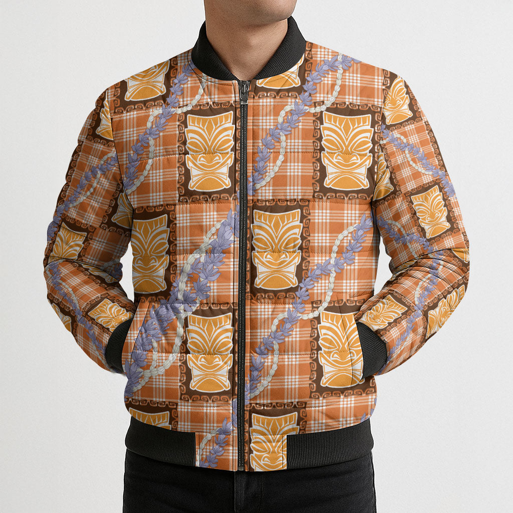Aloha Hawaii Tiki Palaka Motifs Bomber Puffer Jacket Honohono Lei Orange Elegant Vibes