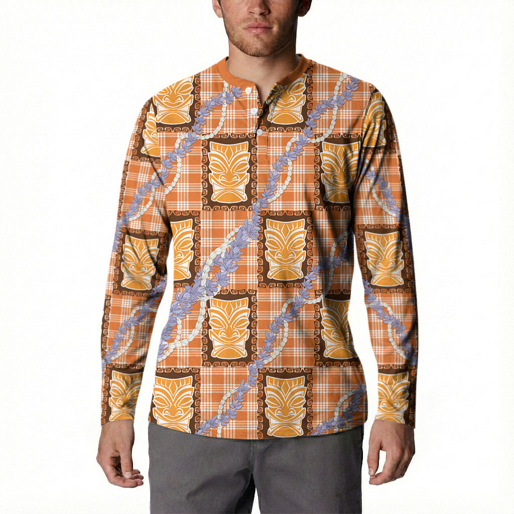 Aloha Hawaii Tiki Palaka Motifs Button Sweatshirt Honohono Lei Orange Elegant Vibes LT14 - Polynesian Pride