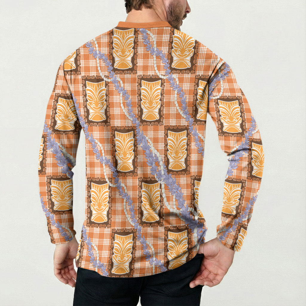 Aloha Hawaii Tiki Palaka Motifs Button Sweatshirt Honohono Lei Orange Elegant Vibes LT14 - Polynesian Pride