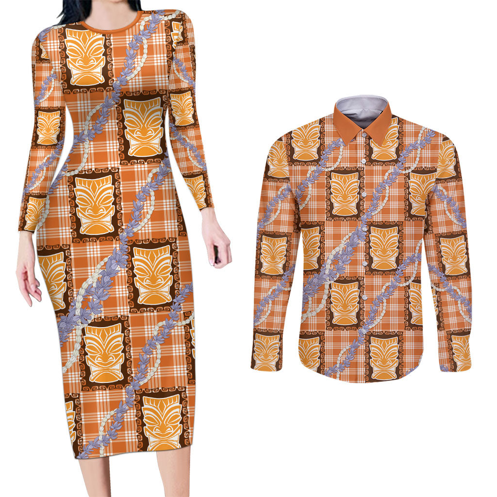 Aloha Hawaii Tiki Palaka Motifs Couples Matching Long Sleeve Bodycon Dress and Long Sleeve Button Shirt Honohono Lei Orange Elegant Vibes