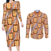 Aloha Hawaii Tiki Palaka Motifs Couples Matching Long Sleeve Bodycon Dress and Long Sleeve Button Shirt Honohono Lei Orange Elegant Vibes