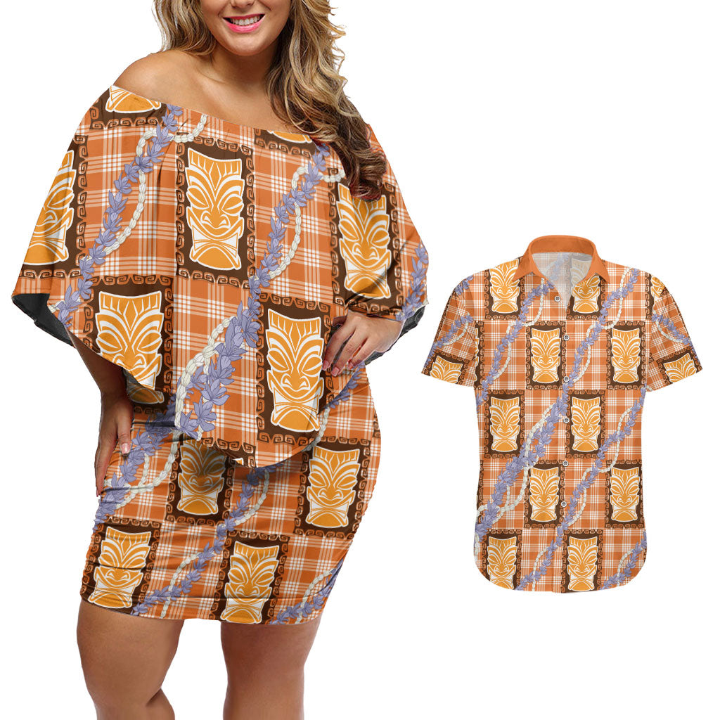 Aloha Hawaii Tiki Palaka Motifs Couples Matching Off Shoulder Short Dress and Hawaiian Shirt Honohono Lei Orange Elegant Vibes