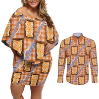 Aloha Hawaii Tiki Palaka Motifs Couples Matching Off Shoulder Short Dress and Long Sleeve Button Shirt Honohono Lei Orange Elegant Vibes