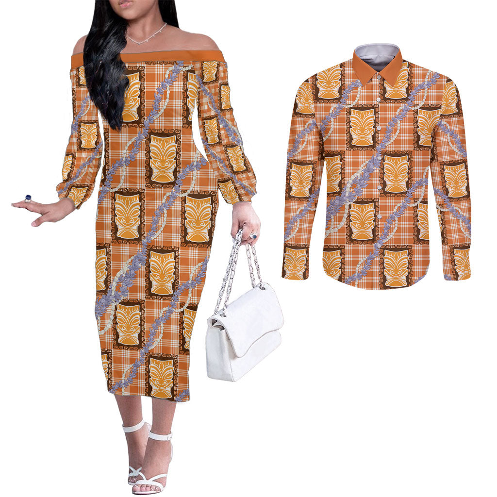 Aloha Hawaii Tiki Palaka Motifs Couples Matching Off The Shoulder Long Sleeve Dress and Long Sleeve Button Shirt Honohono Lei Orange Elegant Vibes LT14 Orange - Polynesian Pride