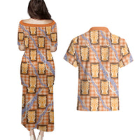 Aloha Hawaii Tiki Palaka Motifs Couples Matching Puletasi and Hawaiian Shirt Honohono Lei Orange Elegant Vibes