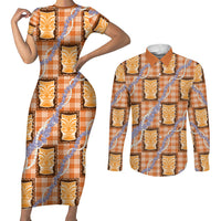Aloha Hawaii Tiki Palaka Motifs Couples Matching Short Sleeve Bodycon Dress and Long Sleeve Button Shirt Honohono Lei Orange Elegant Vibes
