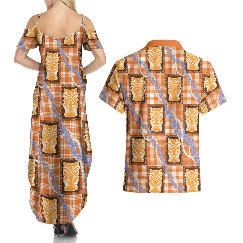 Aloha Hawaii Tiki Palaka Motifs Couples Matching Summer Maxi Dress and Hawaiian Shirt Honohono Lei Orange Elegant Vibes