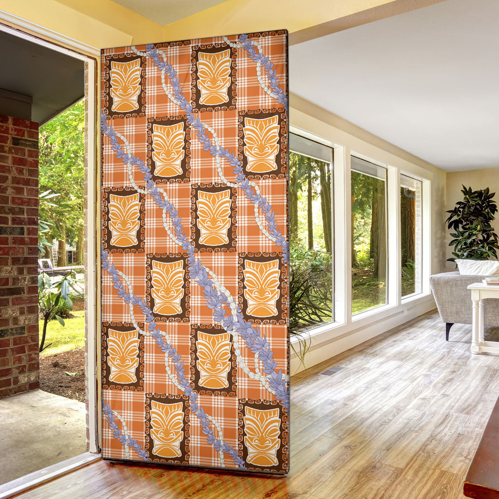Aloha Hawaii Tiki Palaka Motifs Door Cover Honohono Lei Orange Elegant Vibes