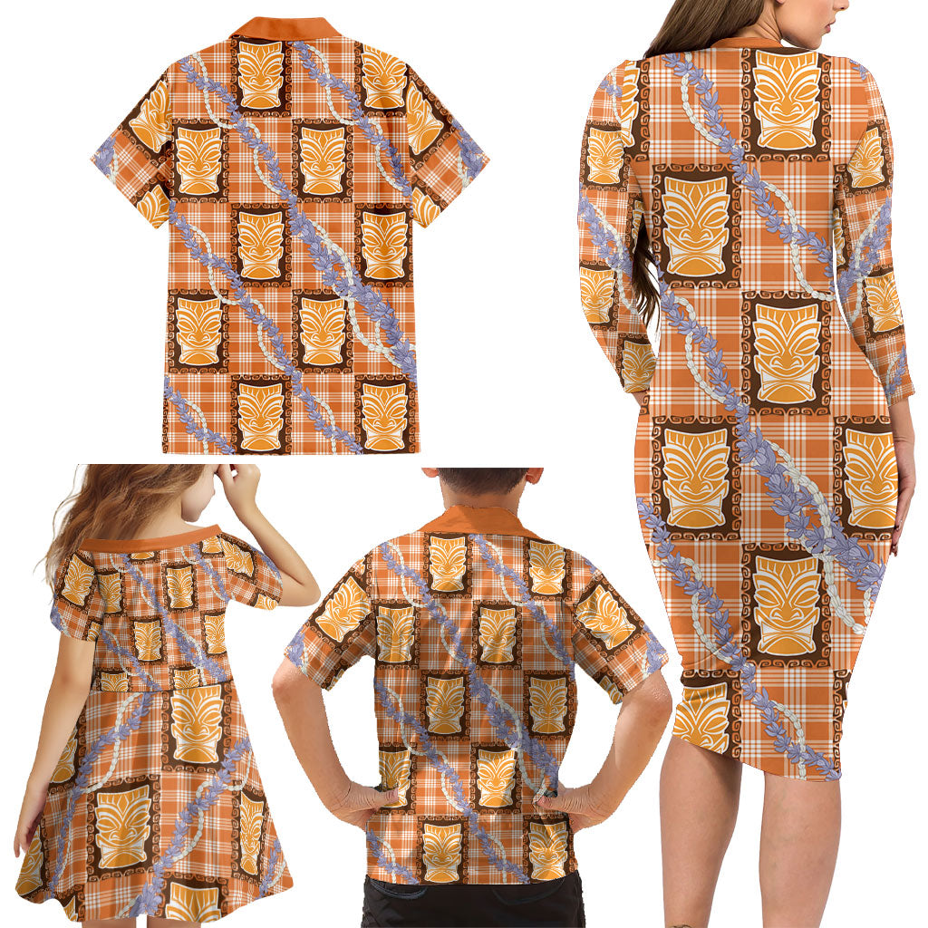 Aloha Hawaii Tiki Palaka Motifs Family Matching Long Sleeve Bodycon Dress and Hawaiian Shirt Honohono Lei Orange Elegant Vibes