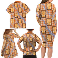 Aloha Hawaii Tiki Palaka Motifs Family Matching Long Sleeve Bodycon Dress and Hawaiian Shirt Honohono Lei Orange Elegant Vibes