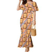 Aloha Hawaii Tiki Palaka Motifs Family Matching Mermaid Dress and Hawaiian Shirt Honohono Lei Orange Elegant Vibes
