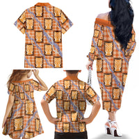 Aloha Hawaii Tiki Palaka Motifs Family Matching Off The Shoulder Long Sleeve Dress and Hawaiian Shirt Honohono Lei Orange Elegant Vibes