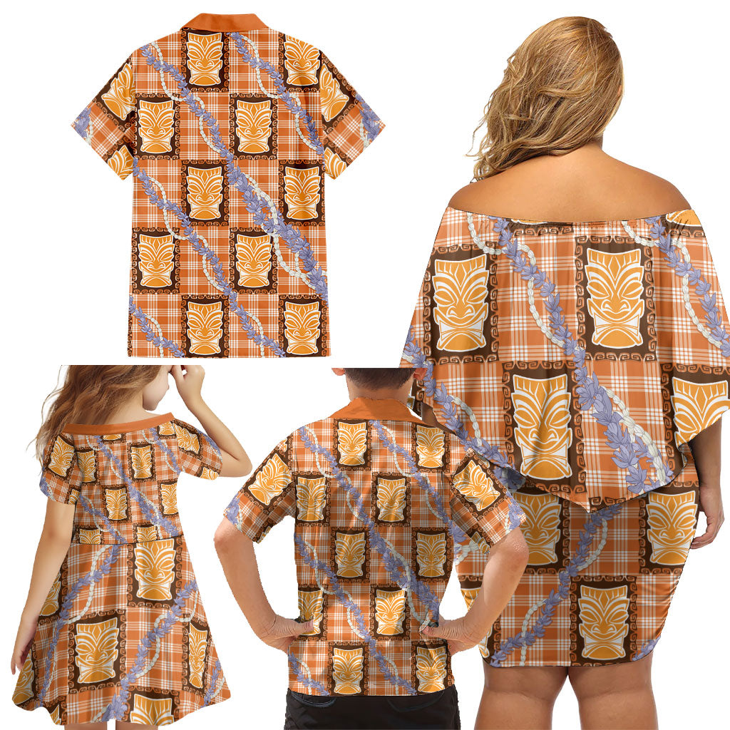 Aloha Hawaii Tiki Palaka Motifs Family Matching Off Shoulder Short Dress and Hawaiian Shirt Honohono Lei Orange Elegant Vibes