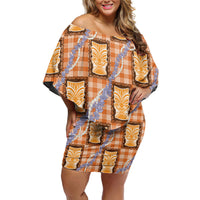 Aloha Hawaii Tiki Palaka Motifs Family Matching Off Shoulder Short Dress and Hawaiian Shirt Honohono Lei Orange Elegant Vibes