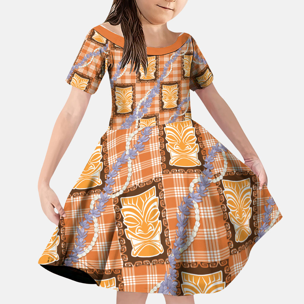 Aloha Hawaii Tiki Palaka Motifs Family Matching Puletasi and Hawaiian Shirt Honohono Lei Orange Elegant Vibes
