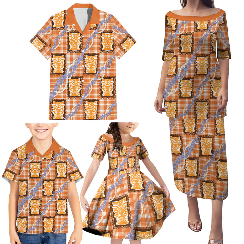 Aloha Hawaii Tiki Palaka Motifs Family Matching Puletasi and Hawaiian Shirt Honohono Lei Orange Elegant Vibes LT14 - Polynesian Pride