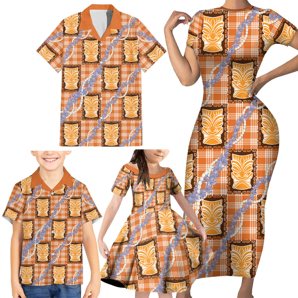 Aloha Hawaii Tiki Palaka Motifs Family Matching Short Sleeve Bodycon Dress and Hawaiian Shirt Honohono Lei Orange Elegant Vibes