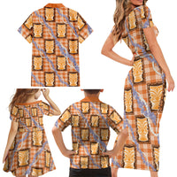 Aloha Hawaii Tiki Palaka Motifs Family Matching Short Sleeve Bodycon Dress and Hawaiian Shirt Honohono Lei Orange Elegant Vibes