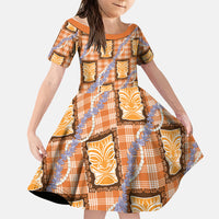 Aloha Hawaii Tiki Palaka Motifs Family Matching Summer Maxi Dress and Hawaiian Shirt Honohono Lei Orange Elegant Vibes