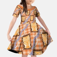 Aloha Hawaii Tiki Palaka Motifs Kid Short Sleeve Dress Honohono Lei Orange Elegant Vibes
