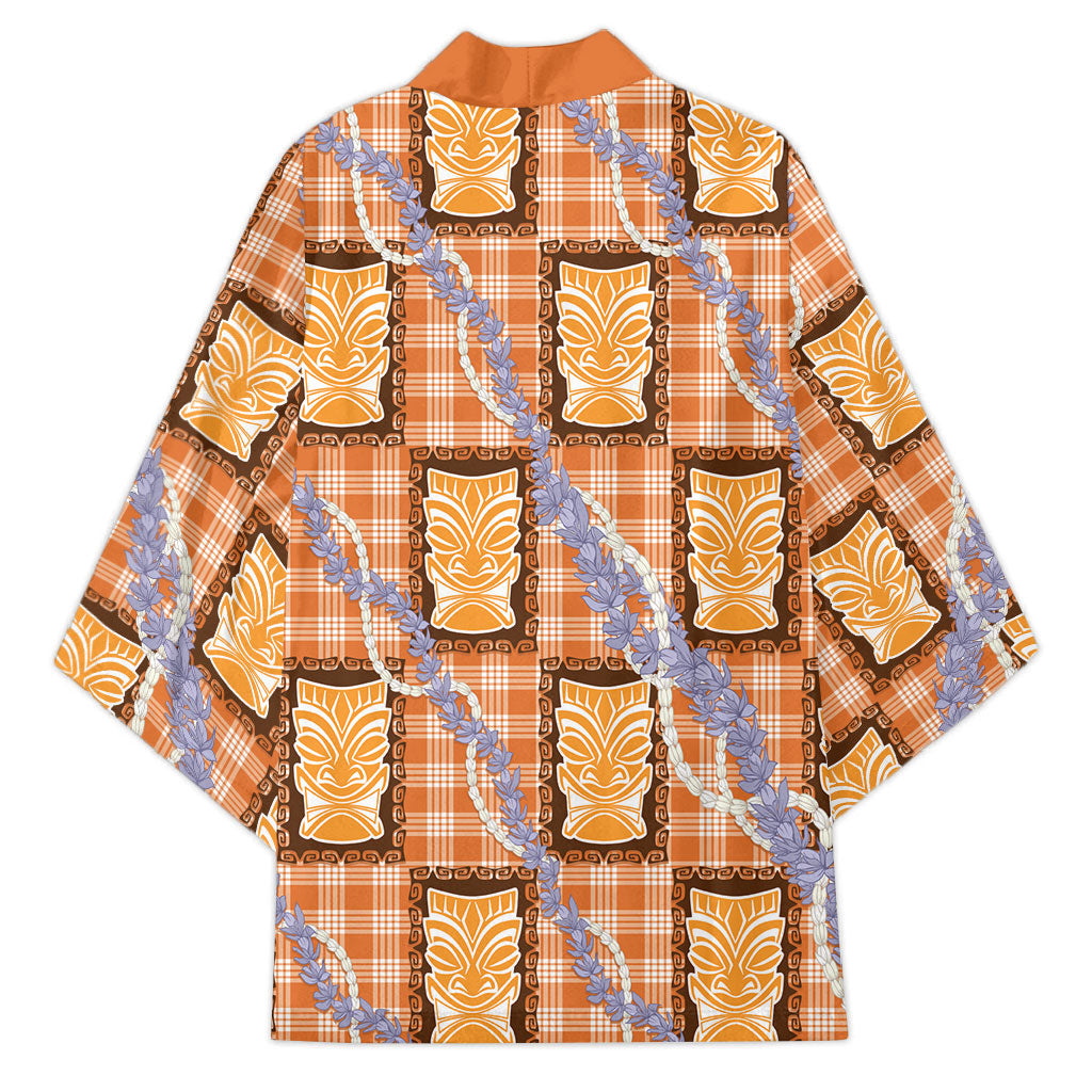 Aloha Hawaii Tiki Palaka Motifs Kimono Honohono Lei Orange Elegant Vibes LT14 - Polynesian Pride